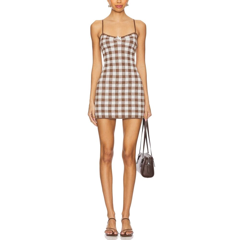 For Love & Lemons Gingham Brown Knit Mini Dress Size M